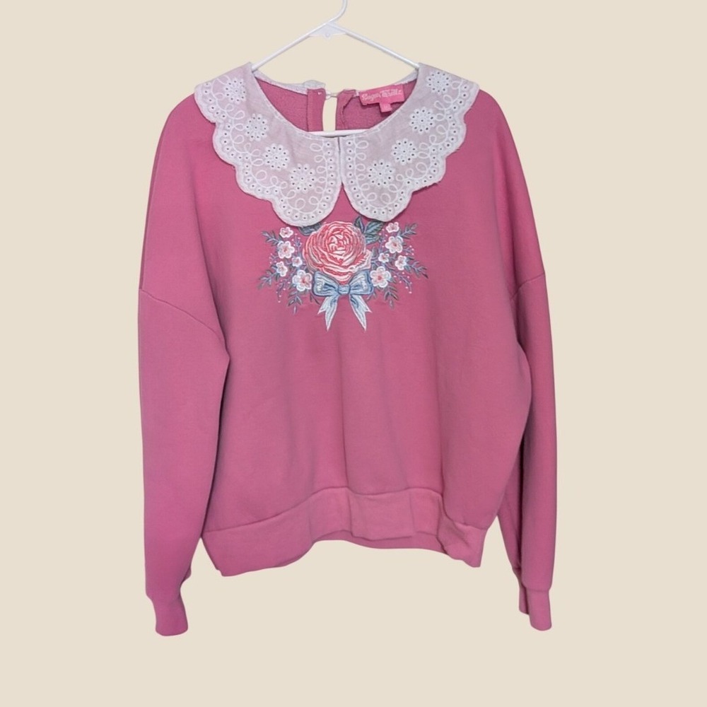Sugar Thrillz All Grown Up Embroidered Sweatshirt Pink Floral Lace Collar Medium